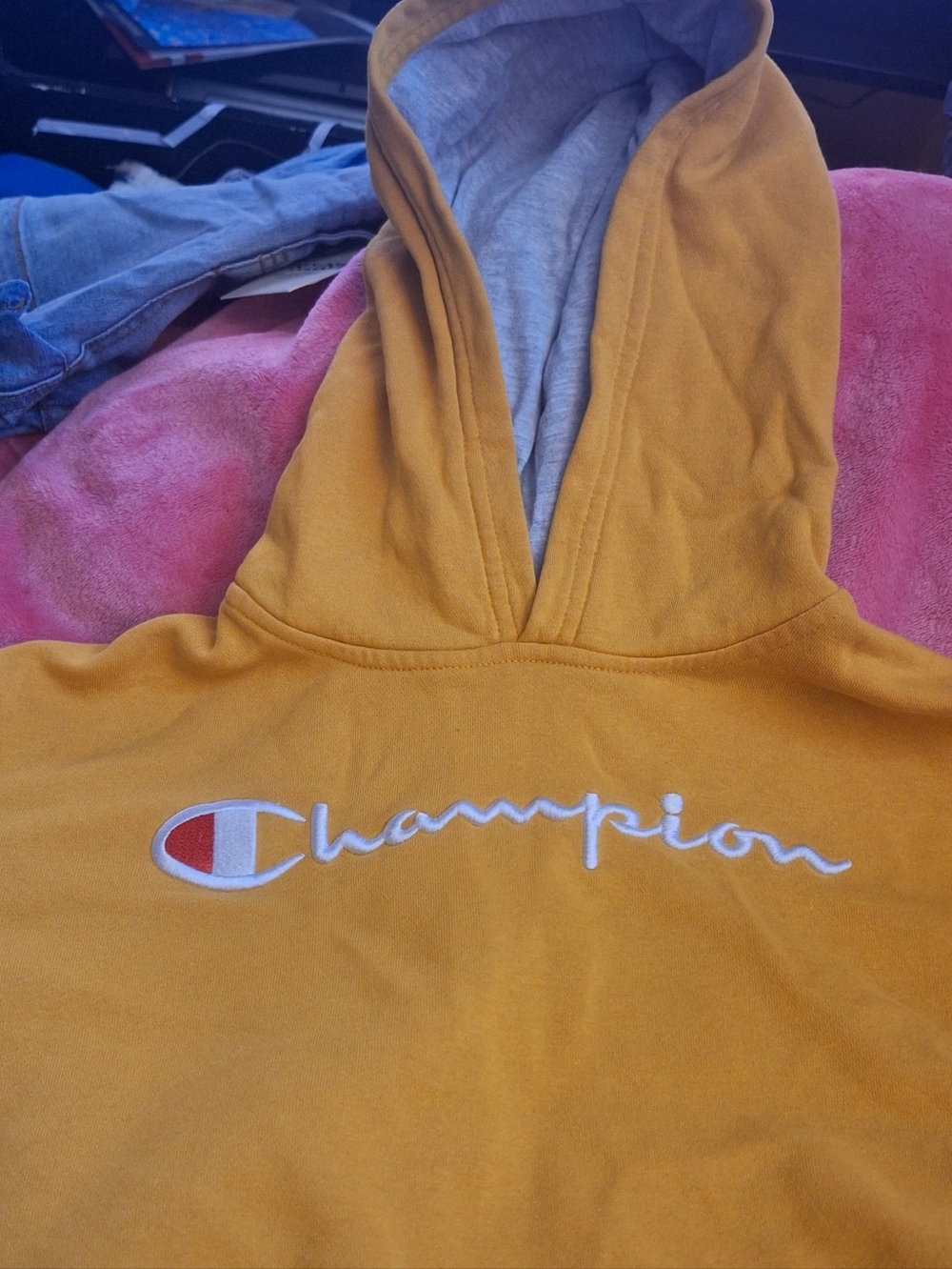 Champion Golden Yellow Hooded Sweatshirt with Gray Lining~ Boys Size XL (18-20)